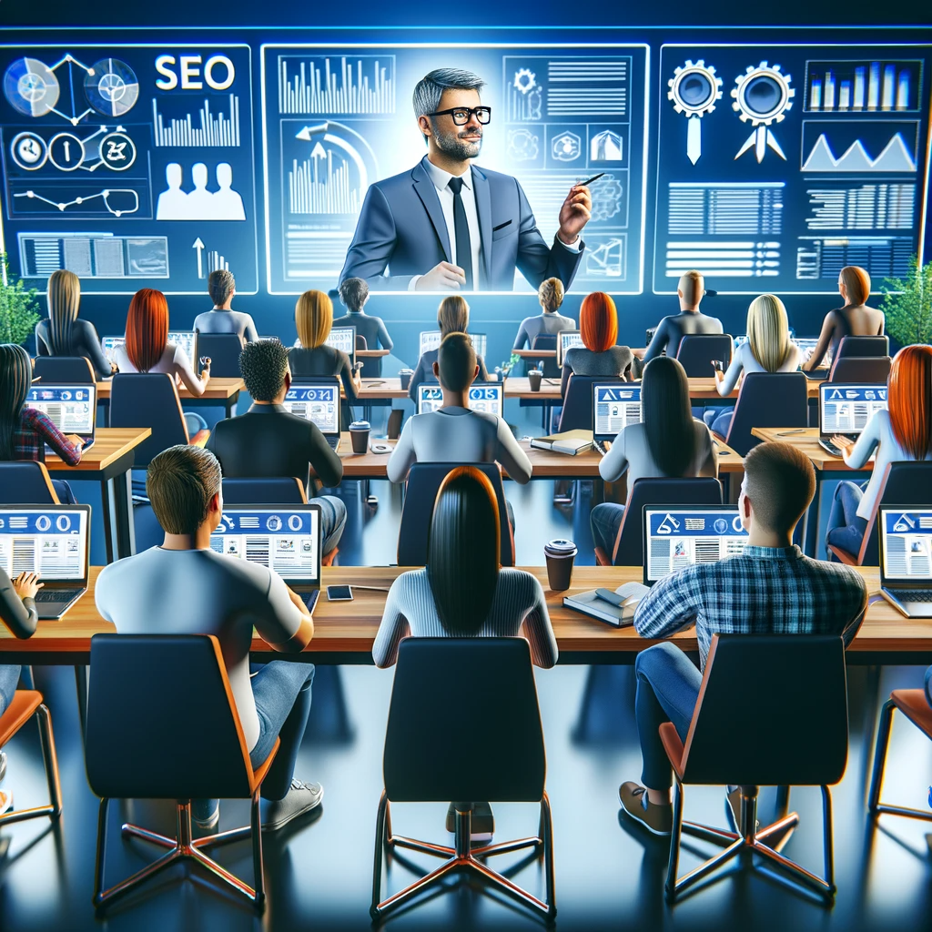 Graphic for an online SEO training course, titled 'Revolutionize Your Skills: Master SEO Training Online!' with icons representing digital marketing, search algorithms, and web analytics.