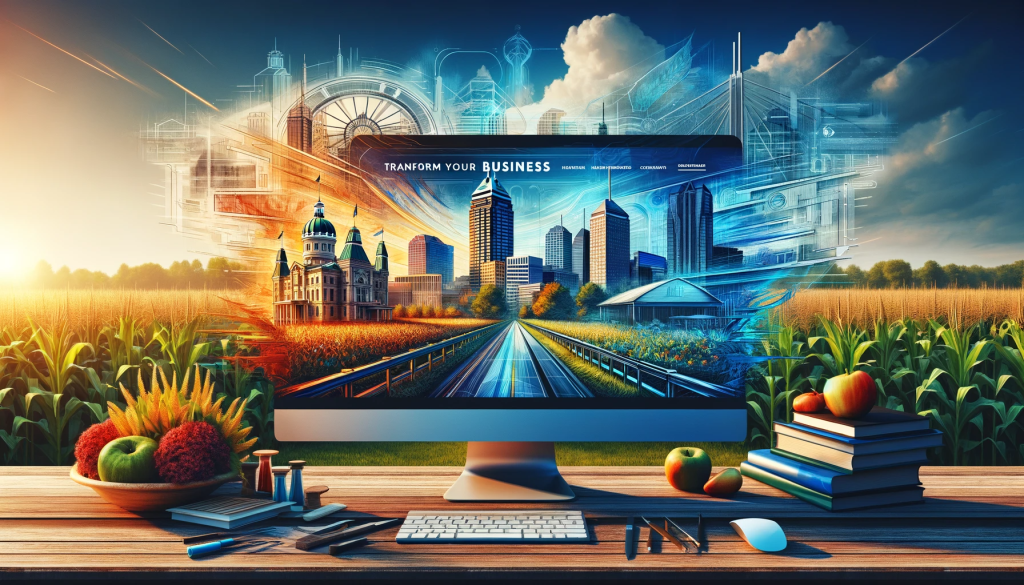 A modern website interface on a computer screen, set against a backdrop of Indiana landmarks, including the Indianapolis skyline and cornfields. The design combines traditional and innovative elements with vibrant colors.