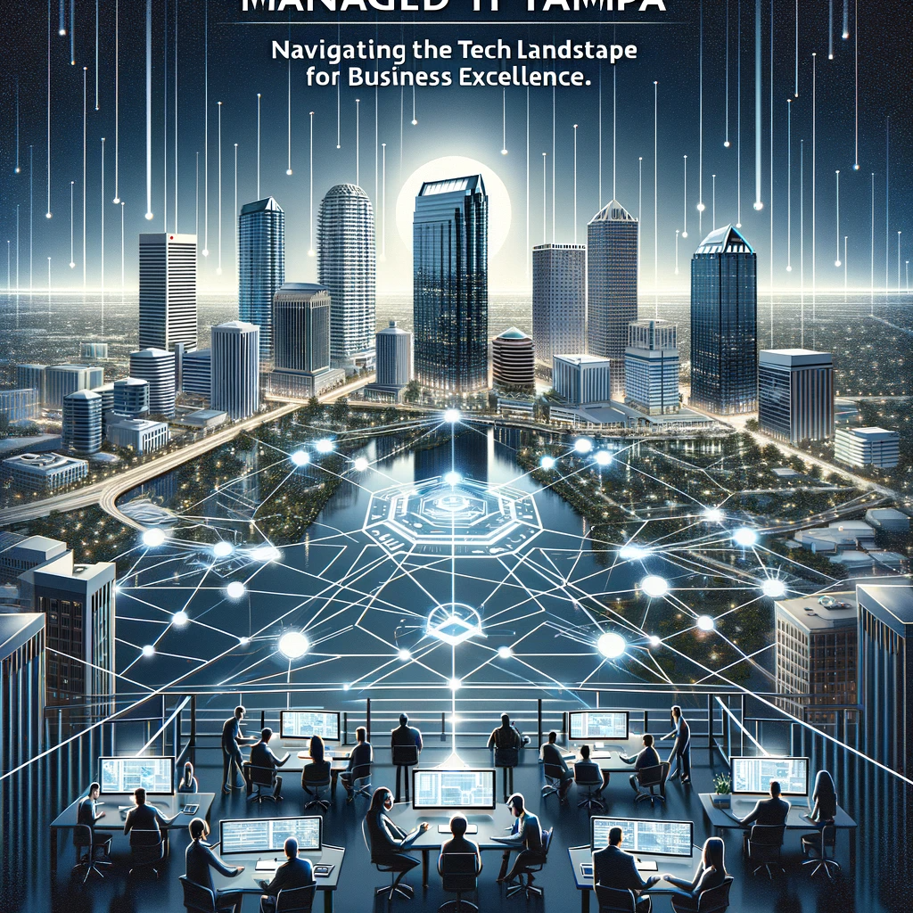 Advertising poster depicting Tampa's high-tech cityscape with digital networks, titled 'Managed IT Tampa: Navigating the Tech Landscape for Business Excellence'.